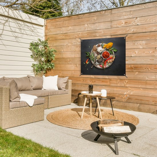 Tableau jardin Herbes - Assiette - Poivre - Zwart - Cuillères - Argent - 80x60 cm - Affiche jardin - Toile jardin - Affiche extérieur