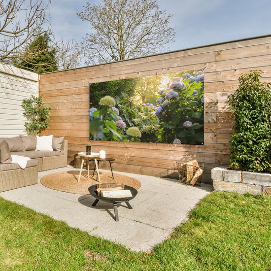 Affiche clôture Hortensias jaunes dans le jardin - 200x100 cm - Toile de jardin
