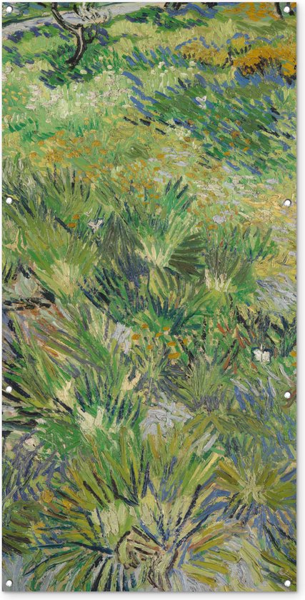 Wanddecoratie buiten Grasveld met bloemen en vlinders - Vincent van Gogh - 80x160 cm - Tuindoek - Buitenposter