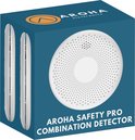 Verpakking van de Aroha Safety Pro Combination Detector met de tekst 'AROHA SAFETY PRO COMBINATION DETECTOR'. Witte melder met cirkelvormig patroon.