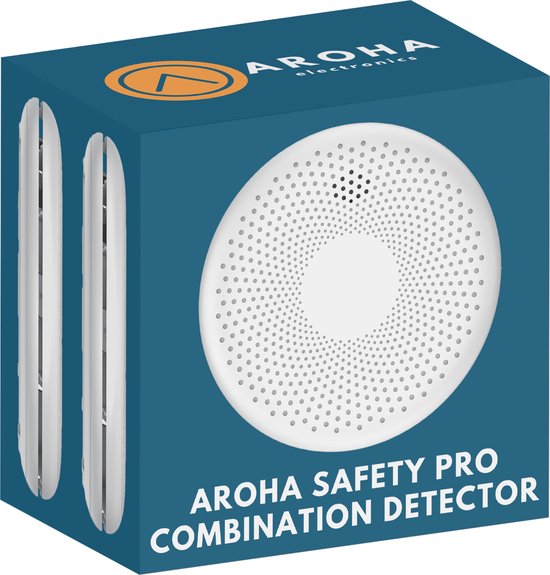 Verpakking van de Aroha Safety Pro Combination Detector met de tekst 'AROHA SAFETY PRO COMBINATION DETECTOR'. Witte melder met cirkelvormig patroon.