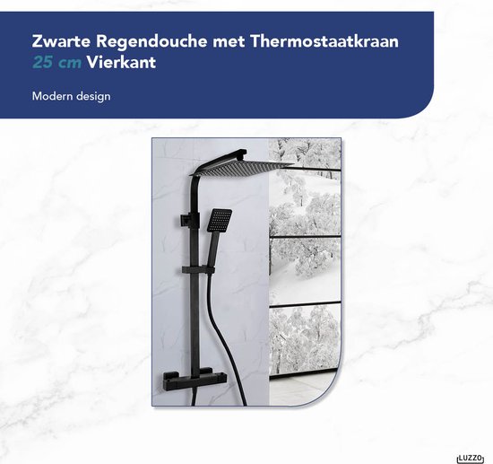 Luzzo® Zwarte Regendouche met Thermostaatkraan - 25 cm Vierkant - Luzzo