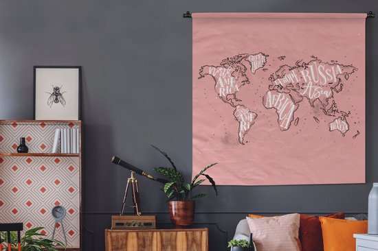Tapisserie - Toile murale - Wereldkaart - Rose - Wit - Lettres - 150x150 cm - Tapisserie