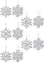 10x Kersthangers figuurtjes zilveren sneeuwvlok/ster 12 cm glitter - Sneeuw thema kerstboomhangers - Kerstboomversieringen koper