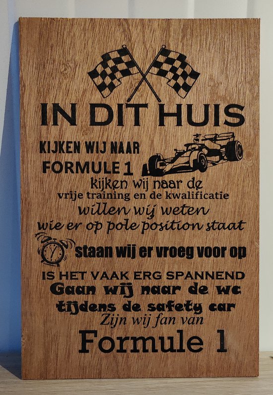 Formule 1 wandbord 20 x 30cm - In dit huis zijn wij fan van - Max Verstappen - FIA race