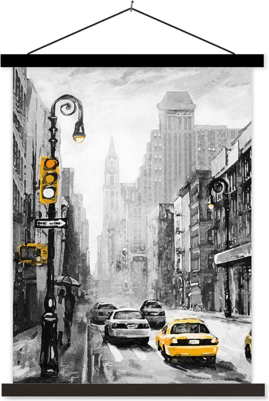 Porte-affiche avec affiche - Affiche scolaire - Peinture - Peinture à l'huile - Ville - Voiture - 40x53 cm - Lattes noires