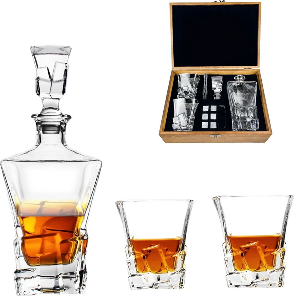 SB Whiskey Karaf Glazen Set - Luxe Whiskey Set - Incl. 2 Whiskey Glazen, 8 Whiskey Stones, 2 Onderzetters, Fluwelen Opbergzak, Opbergbox - Whisky Geschenkdoos - Glas -