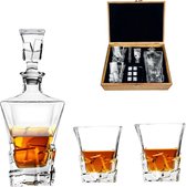 SB Whiskey Karaf Glazen Set - Luxe Whiskey Set - Incl. 2 Whiskey Glazen, 8 Whiskey Stones, 2 Onderzetters, Fluwelen Opbergzak, Opbergbox - Whisky Geschenkdoos - Glas -