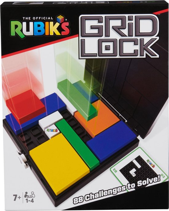 De doos van het Rubik's Grid Lock spel, met een afbeelding van het spelbord en kleurrijke blokken.