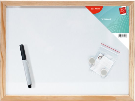 SOHO Whiteboard – Whiteboard met hout – Uitwisbare whiteboard – Whiteboard inclusief magneten – Kunststof – 30 x 40 cm – Wit