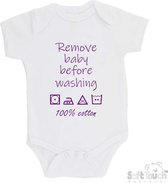 100% katoenen Romper "Remove baby before washing 100% cotton" Meisjes Katoen Wit/paars Maat 62/68