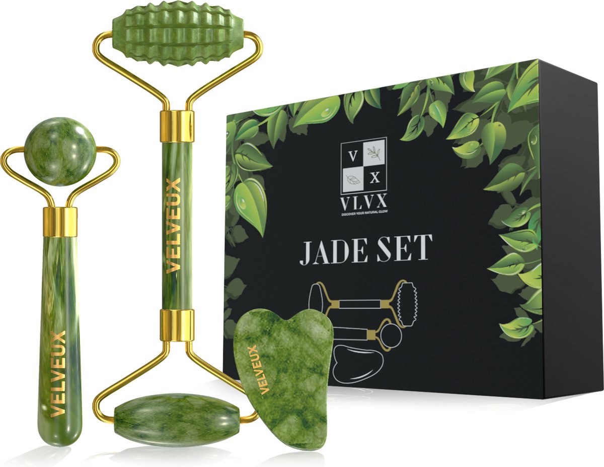 Velveux Gua sha Jade steen gezichtsroller 4 delige set - gezichtsmassage - face roller - jade roller - cadeau voor haar vrouwen - Valentijn cadeautje voor haar vrouw