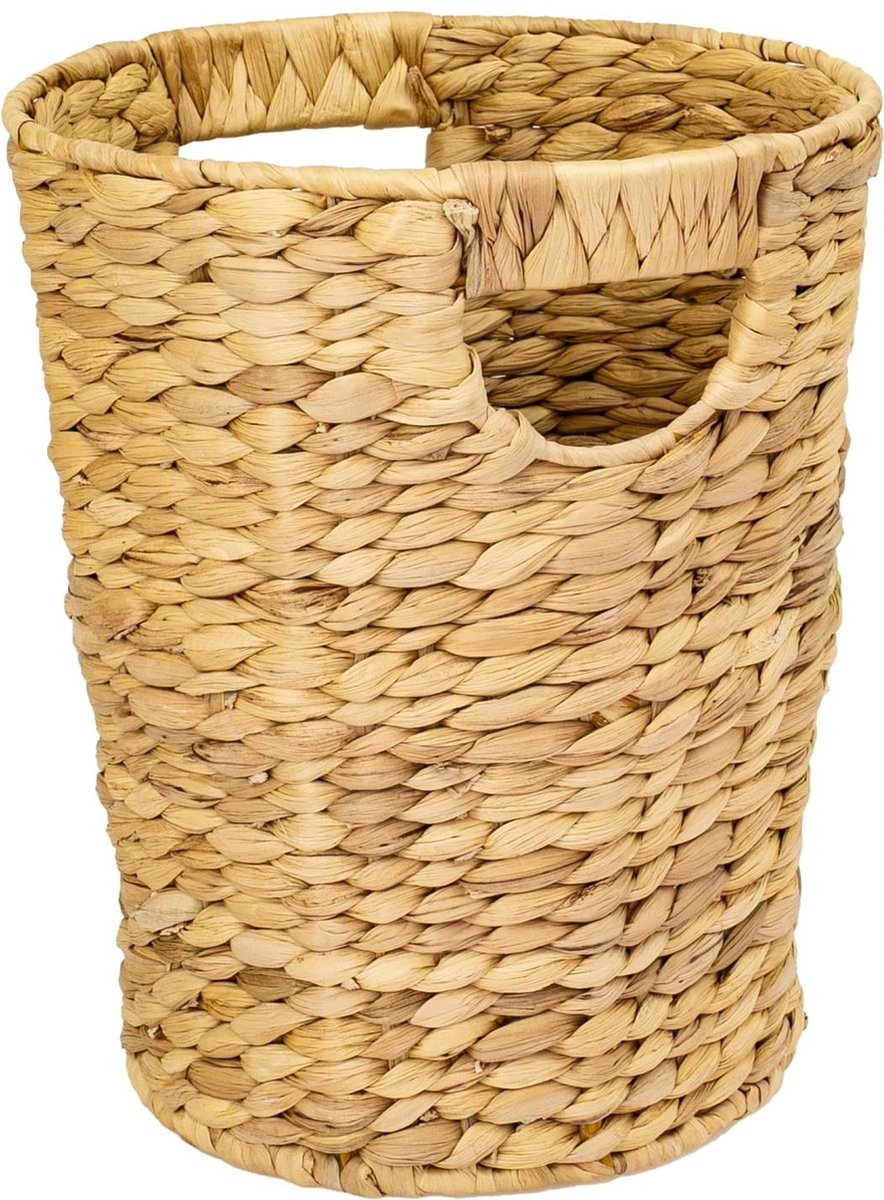 Prullenbak, voor op kantoor, gevlochten van waterhyacint, rond, diameter 25 cm, hoogte 30 cm.
