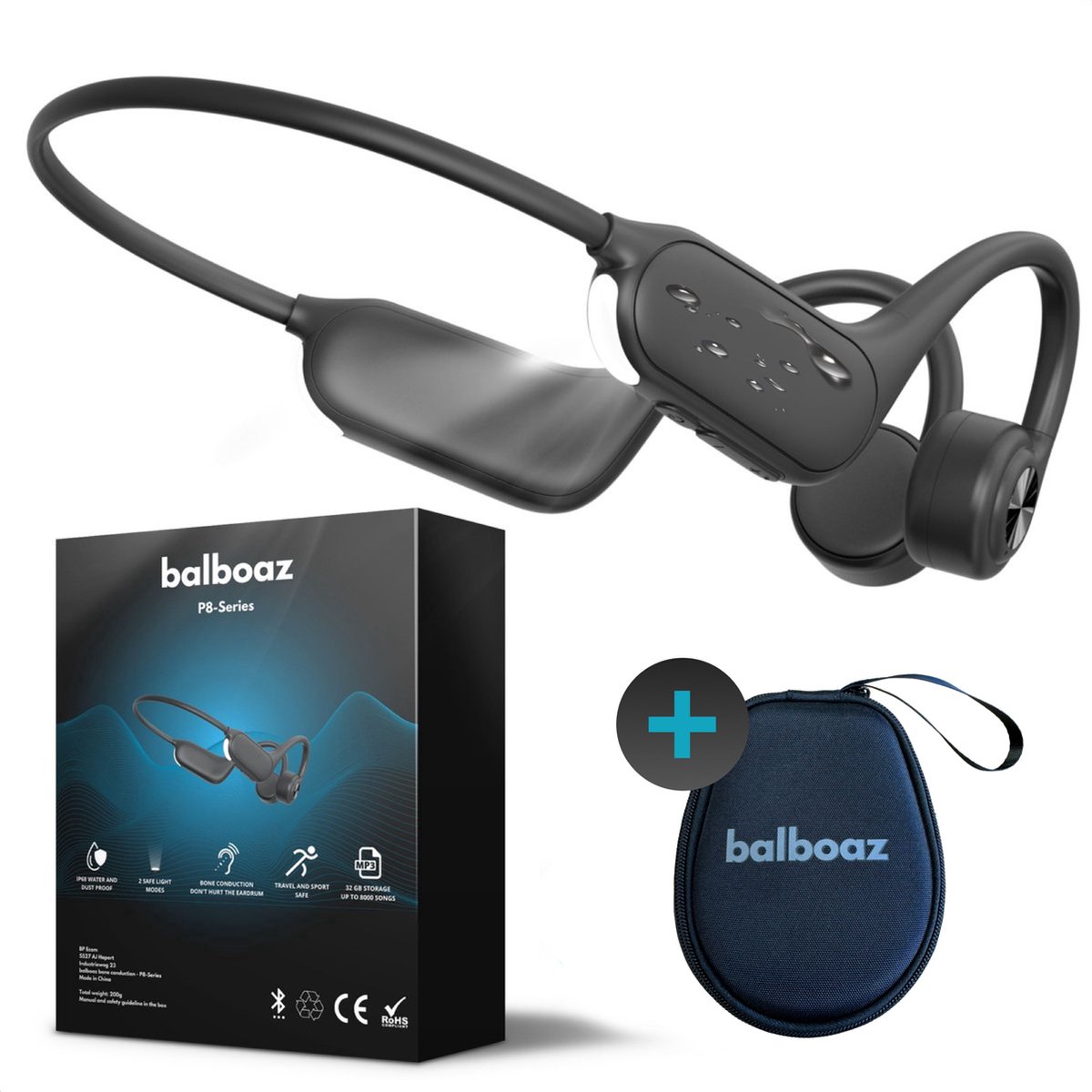 balboaz Bone Conduction Headphone met Hard Cover Case | Koptelefoon | bluetooth en mp3 | Met licht | IP68