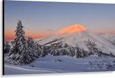 Canvas - Bergen - Zonlicht - Sneeuw - Bomen - Winter - 150x100 cm Foto op Canvas Schilderij (Wanddecoratie op Canvas)