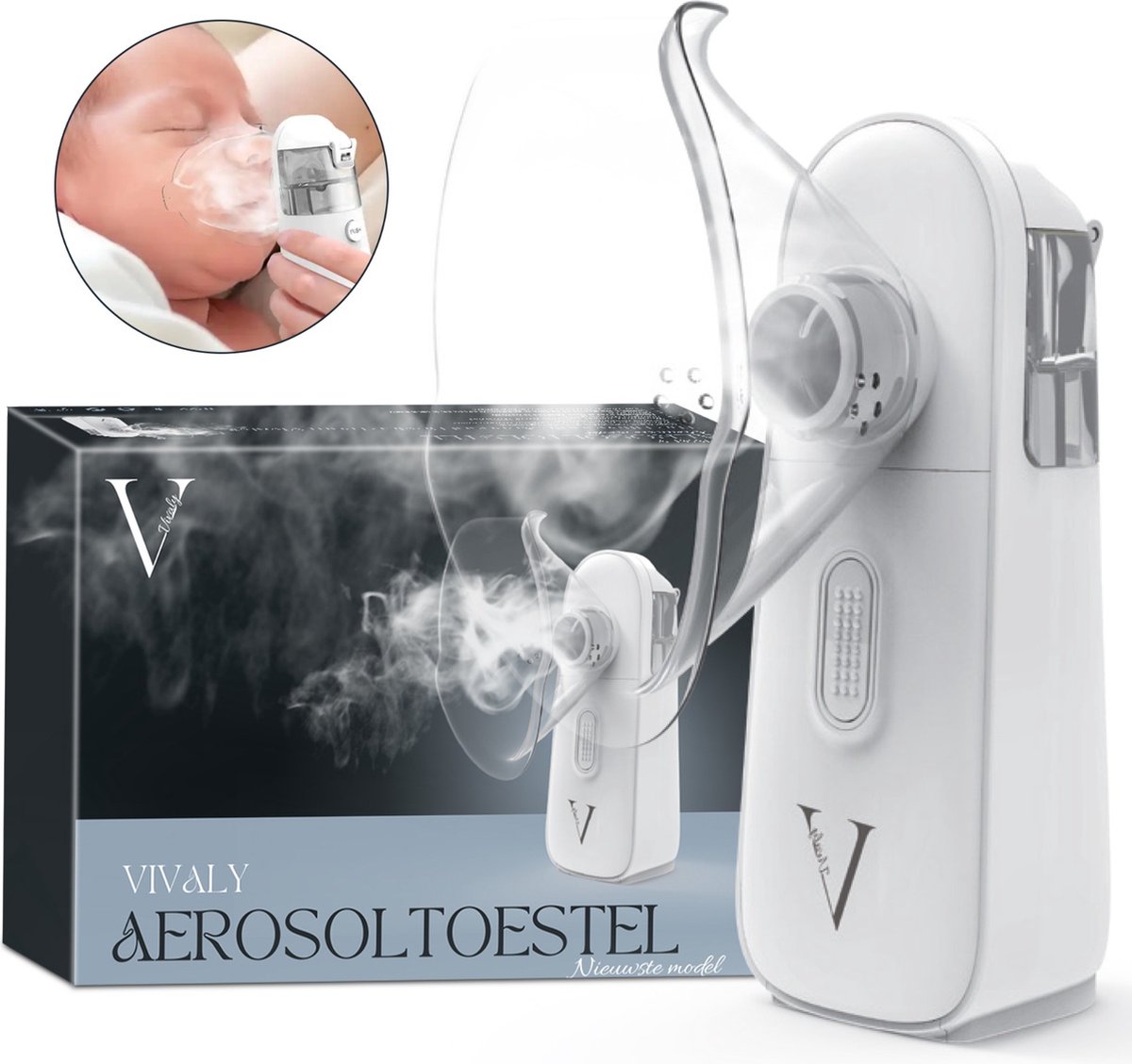 Vivaly® Aerosoltoestel - Ultrasone Vernevelaar - Inhalator - Nebulizer - Inhalatieapparaat voor Kinderen en Volwassenen - Gezichtsstomer - 3 Mondstukken - Oplaadbaar - Incl. Luxe Opbergtas & E-book