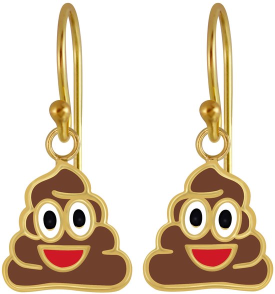 Joy|S - Zilveren emoji Poo oorbellen - oorhangers - 14k goudplating