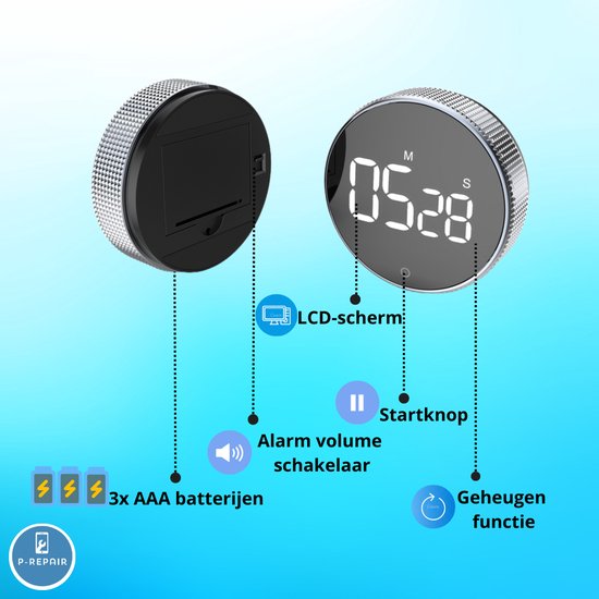 P-Repair Digitale Kookwekker - Smart Timer - LED Display - Magnetisch met Handige Draaiknop - Optellen/Aftellen - P-Repair