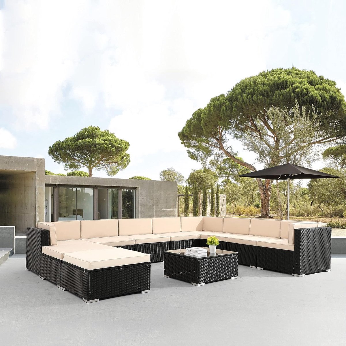 Arebos Poly rotan tuinmeubelen Lounge | Incl. zitkussen | 10 personen | UV-bestendig polyrotan vlechtwerk | tafel met glasplaat | vrij te combineren | zwart