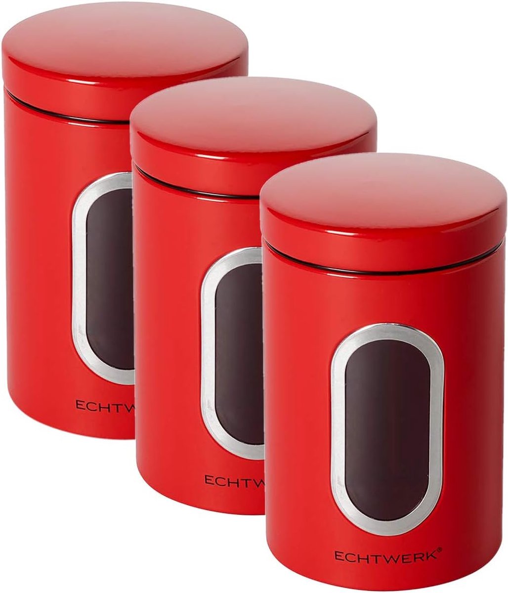 Elegante voorraaddozen set van 3 rood voor het bewaren van meel suiker muesli thee metalen doos met luchtdicht deksel en groot kijkvenster inhoud 1 4 l ijzer 3 stuks