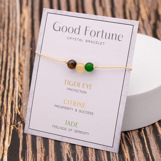 Bixorp "Good Fortune" Cadeau Armband - Veel Geluk - Edelsteen Armbandje op kaartje - Tijgeroog, Citrien & Jade