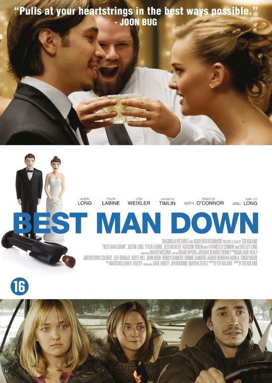 Poster voor de film 'Best Man Down' met Justin Long, Tyler Labine en Jess Weixler. Titel en tekst in blauw en wit. Leeftijdsindicatie 16.