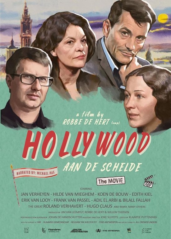 Couverture du film "Hollywood aan de Schelde" avec quatre portraits d'acteurs et le titre du film.