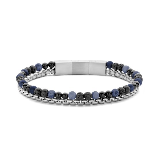 Dubbele herenarmband met zilverkleurige schakels, afwisselend met zwarte, blauwe en lavakralen.