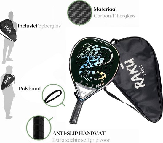 Padelracket Raku met cobra, tas, polsband en "anti-slip handvat".
