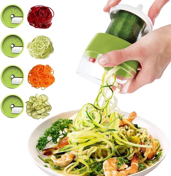 Spiralizer, 4-in-1 groentesnijder, handspiralizer, groenten, groenteschaaf voor groentespaghetti, wortel, komkommer, pompoen, courgette, aardappelen.