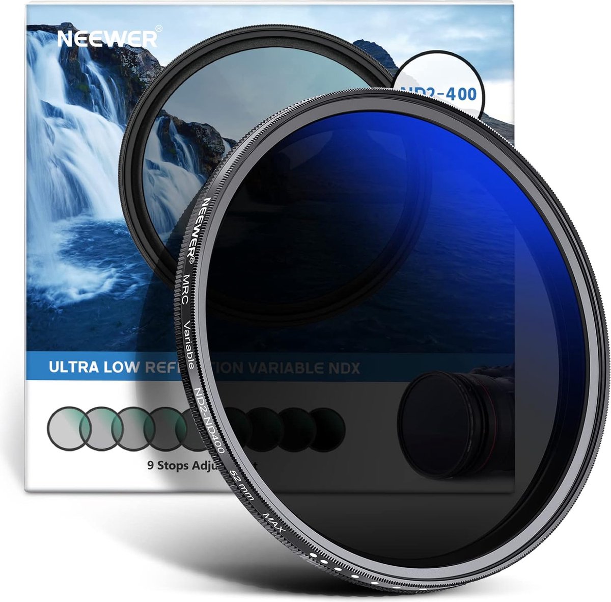 NEEWER - 52mm MRC Variabel ND Filter ND2-ND400, Verstelbare Neutrale Dichtheid ND Filter (0.3 tot 2.7 / 1 tot 9 Stops), Multi-Layer Gecoat Optisch Glas, Waterafstotend & Krasbestendig Ultra Dun Filter - Optische Glasfilter - Fotografie Accessoire