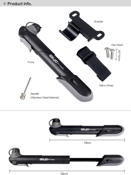 Giyo - Mini fietspomp Zwart - MTB - Hollands Frans Auto ventiel van Giyo — afbeelding 3