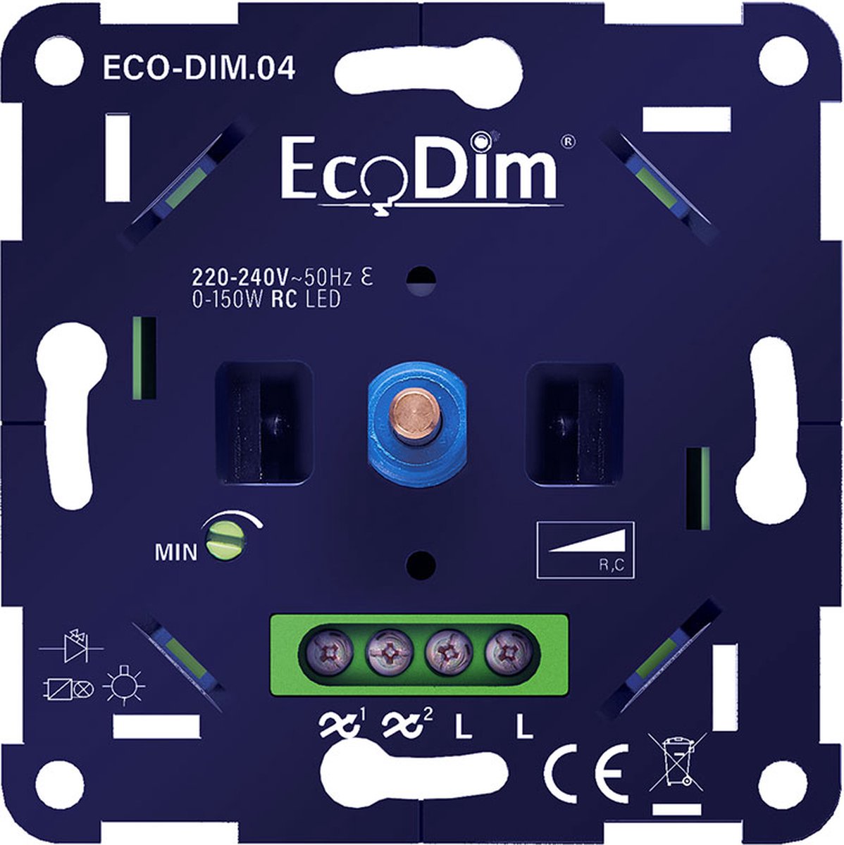 Basic LED Dimmer Inbouw - Fase Afsnijding, 0-150W, Druk-draai schakelaar, Draaidimmer voor LED Lampen, 100% Stil – EcoDim 04 - Ecodim