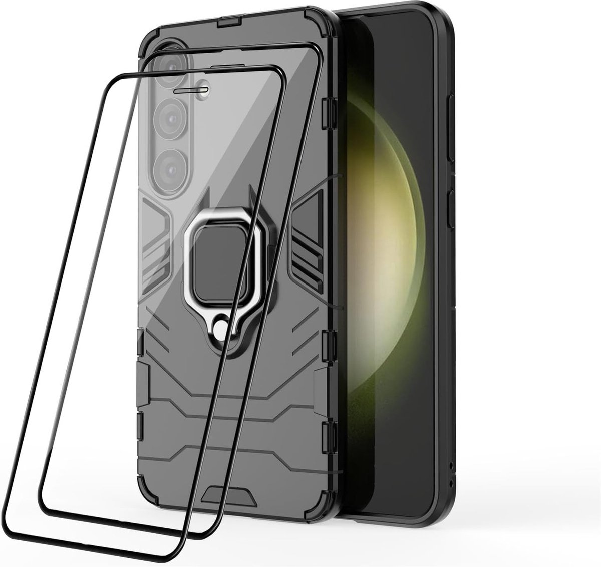 RonRun voor Samsung Galaxy S24 Plus Hoesje PC + TPU Case Anti-Shock Anti-Drop Anti-Scratch met Roterende Ring voor Magnetische Autohouder Telefoonhoesje + twee Screenprotectors, zwart