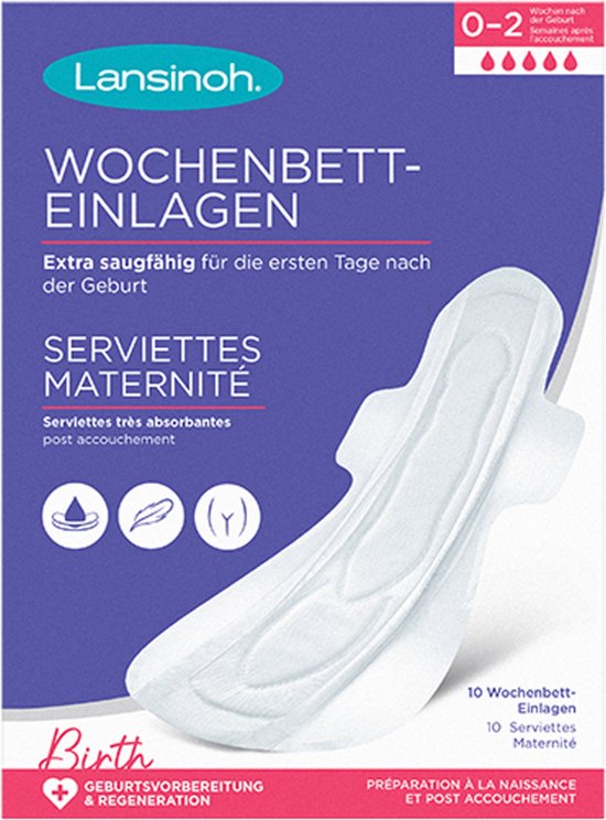 Emballage de serviettes maternité Lansinoh avec une serviette blanche posée dessus. Le texte 'Wochenbett-Einlagen' et 'Serviettes Maternité' y est inscrit.
