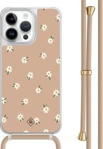 Casimoda® hoesje met beige koord - Geschikt voor iPhone 13 Pro Max - Sweet Daisies - Afneembaar koord - TPU/polycarbonaat - Bruin/beige