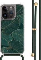 Casimoda® hoesje met groen koord - Geschikt voor iPhone 14 Pro - Monstera Leaves - Afneembaar koord - TPU/polycarbonaat - Zwart