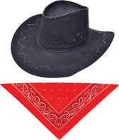 Carnaval verkleed hoed voor een cowboy - zwart - polyester - heren/dames - incl. bandana