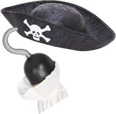 Carnaval verkleed hoed voor een Piraat incl. piratenhaak - zwart - polyester - kinderen