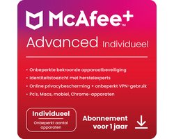 McAfee+ Advanced Individual - Antivirus - Internetbeveiliging - 1 Jaar/Unlimited Apparaten - PC, Mac, iOS & Android Download