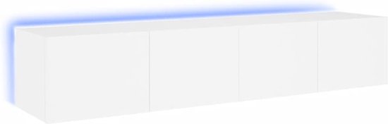Wit wandmeubel met 4 deuren en blauwe LED-verlichting.
