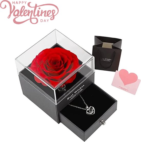 Valentijn Cadeau voor Vrouw - Sieraden Doos + Rose Hartjes Ketting - Eeuwige Roos Cadeau - Verjaardag Cadeau Vriendin - Romantisch Cadeau - Valentijn Cadeautje voor Haar