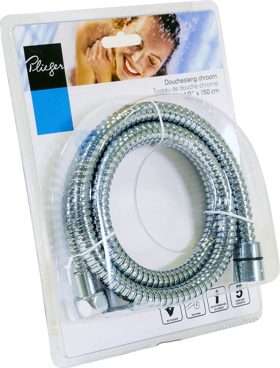 Doucheslang chroom 1/2" x 150cm van Plieger in verpakking met vrouw onder de douche.