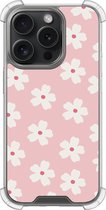 Shockproof hoesje - Geschikt voor iPhone 15 Pro - Roze retro bloempjes - Extra sterke case - TPU/polycarbonaat - Bloemen - Roze, Transparant