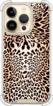 Shockproof hoesje - Geschikt voor iPhone 14 Pro - Luipaardprint - Extra sterke case - TPU/polycarbonaat - Luipaardprint - Bruin, Transparant