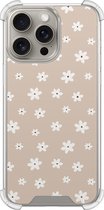 Shockproof hoesje - Geschikt voor iPhone 15 Pro Max - Cute flowers - Extra sterke case - TPU/polycarbonaat - Bloemen - Beige, Transparant