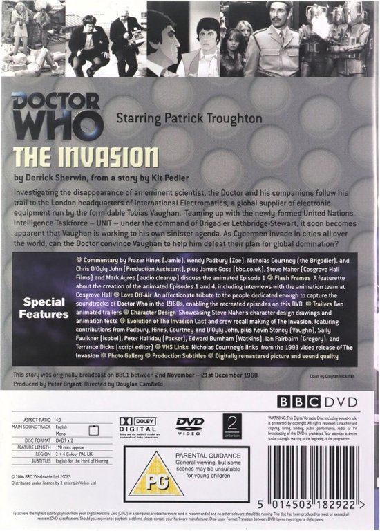 Doctor Who The Invasion DVD met Patrick Troughton. BEOORDEELD als PG. Bevat extra's zoals animatie en foto's.