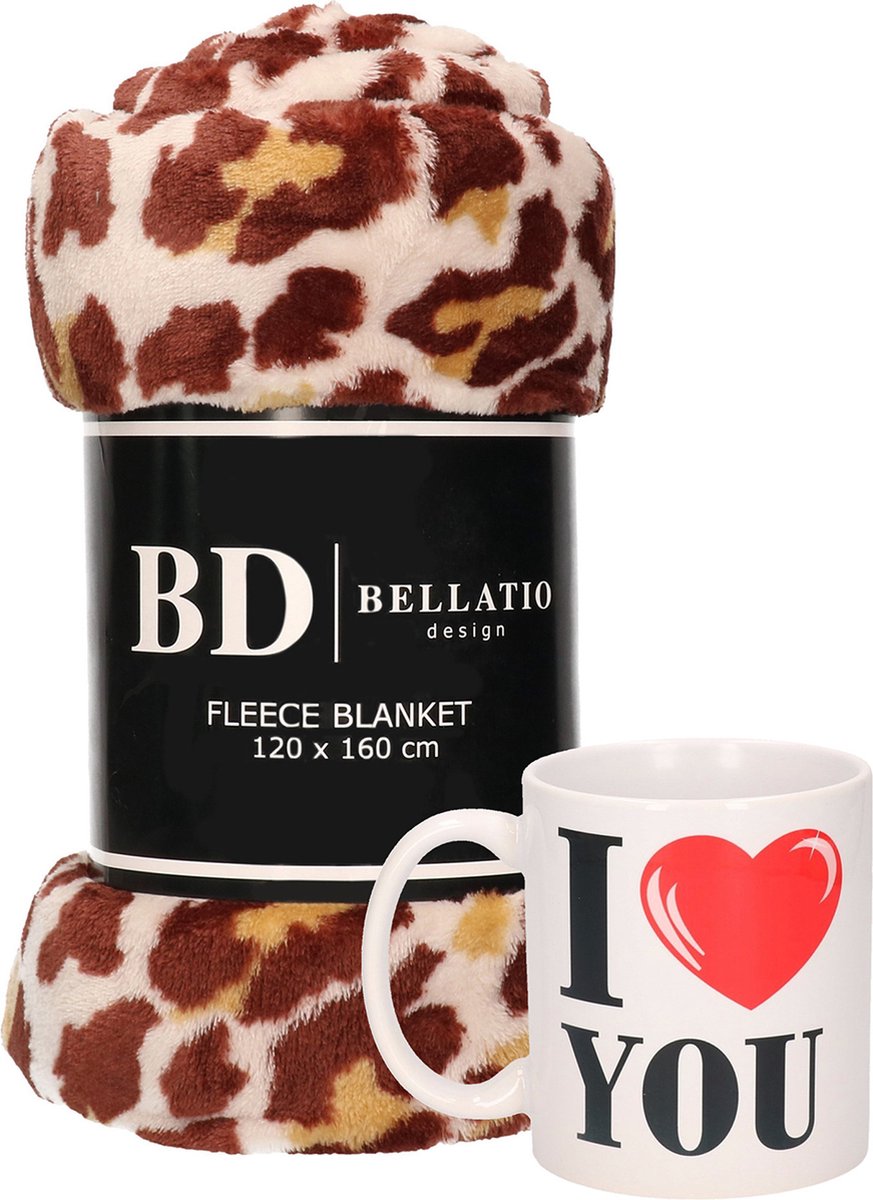 Valentijn cadeau set - Fleece plaid/deken panter print met I love you mok - Cadeau vrouw, vriendin, geliefde