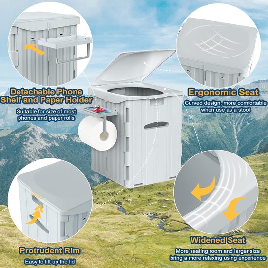 Mobiel campingtoilet 39 cm hoog - Draagbaar toilet met deksel en 12 toiletzakken - Ideaal voor kamperen, wandelen en reizen van MOB — afbeelding 3