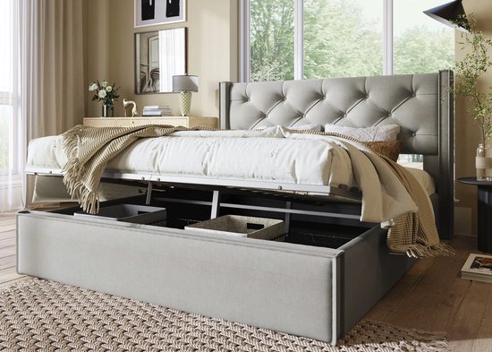 Crossover Retail® - Eenpersoonsbed 90x200 - Bed Met Opbergruimte - Gestoffeerd Bedframe - Incl. Latenbodem - Lichtgrijs